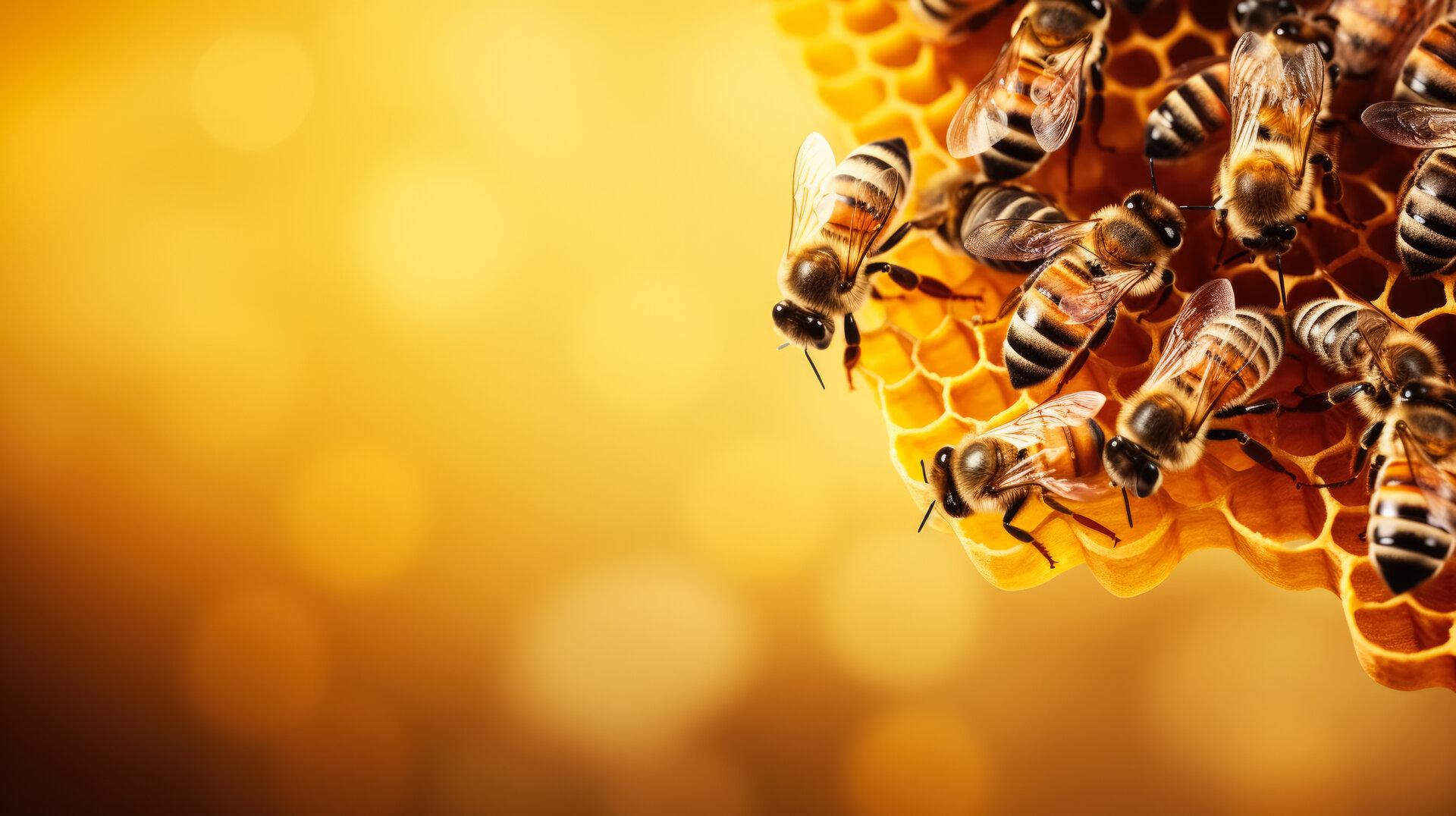 Niedlicher Bienenschwarm bei der Arbeit an einer Bienenwabe; Hintergrund mit Leerraum für Text